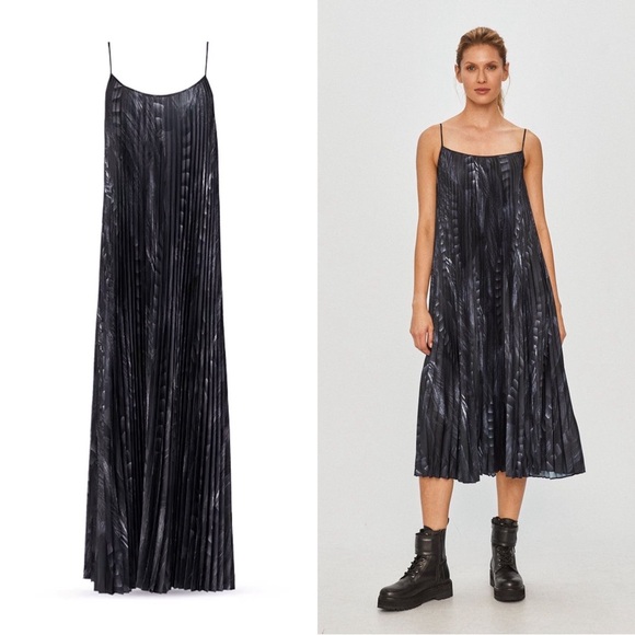 All Saints • Leowa Viola Dress black feather midi slip accordion pleated satin - Picture 1 of 8
